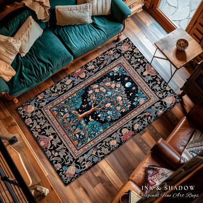 Enchanted Moonlit Tree of Life Area Rug | Romantic Forest Aesthetic Home Decor Vintage Boho Style Housewarming Gift Cozy Bedroom Floor Mat