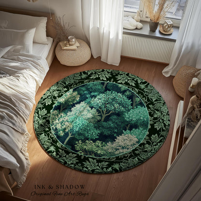 Verdant Greenery Botanical Round Area Rug | Woodland Magical Aesthetic Living Room Green Home Decor Plant Loving Bedroom Gift Emerald Teal |