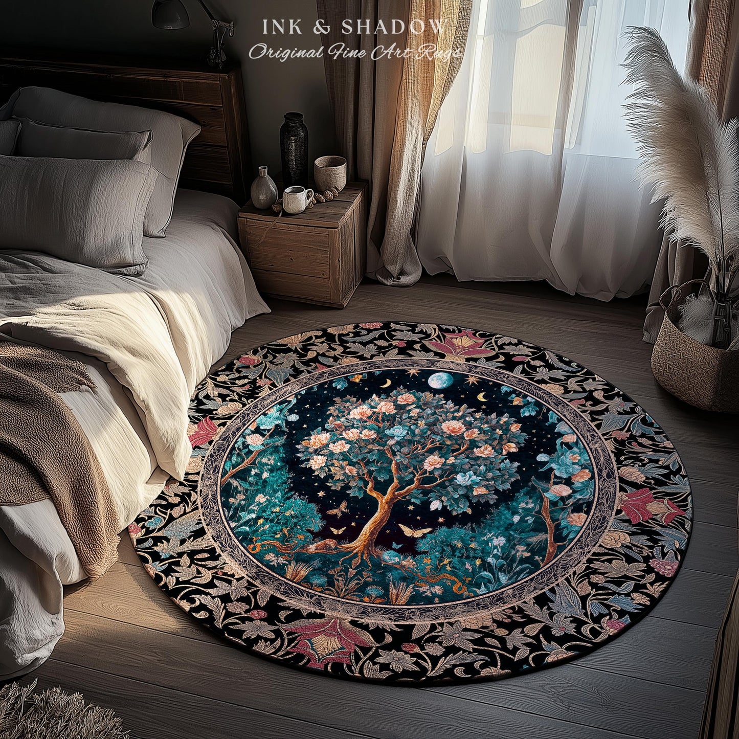 Enchanted Moonlit Tree of Life Area Rug | Romantic Forest Aesthetic Home Decor Vintage Boho Style Housewarming Gift Cozy Bedroom Floor Mat