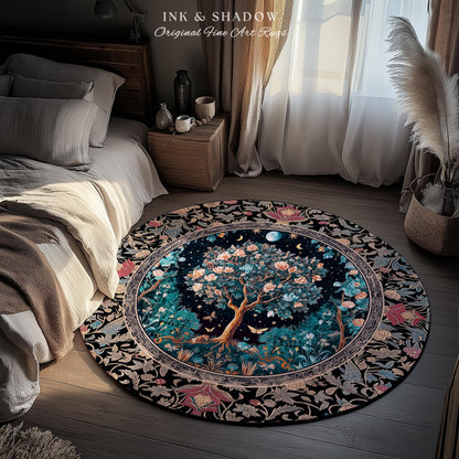 Enchanted Moonlit Tree of Life Area Rug | Romantic Forest Aesthetic Home Decor Vintage Boho Style Housewarming Gift Cozy Bedroom Floor Mat