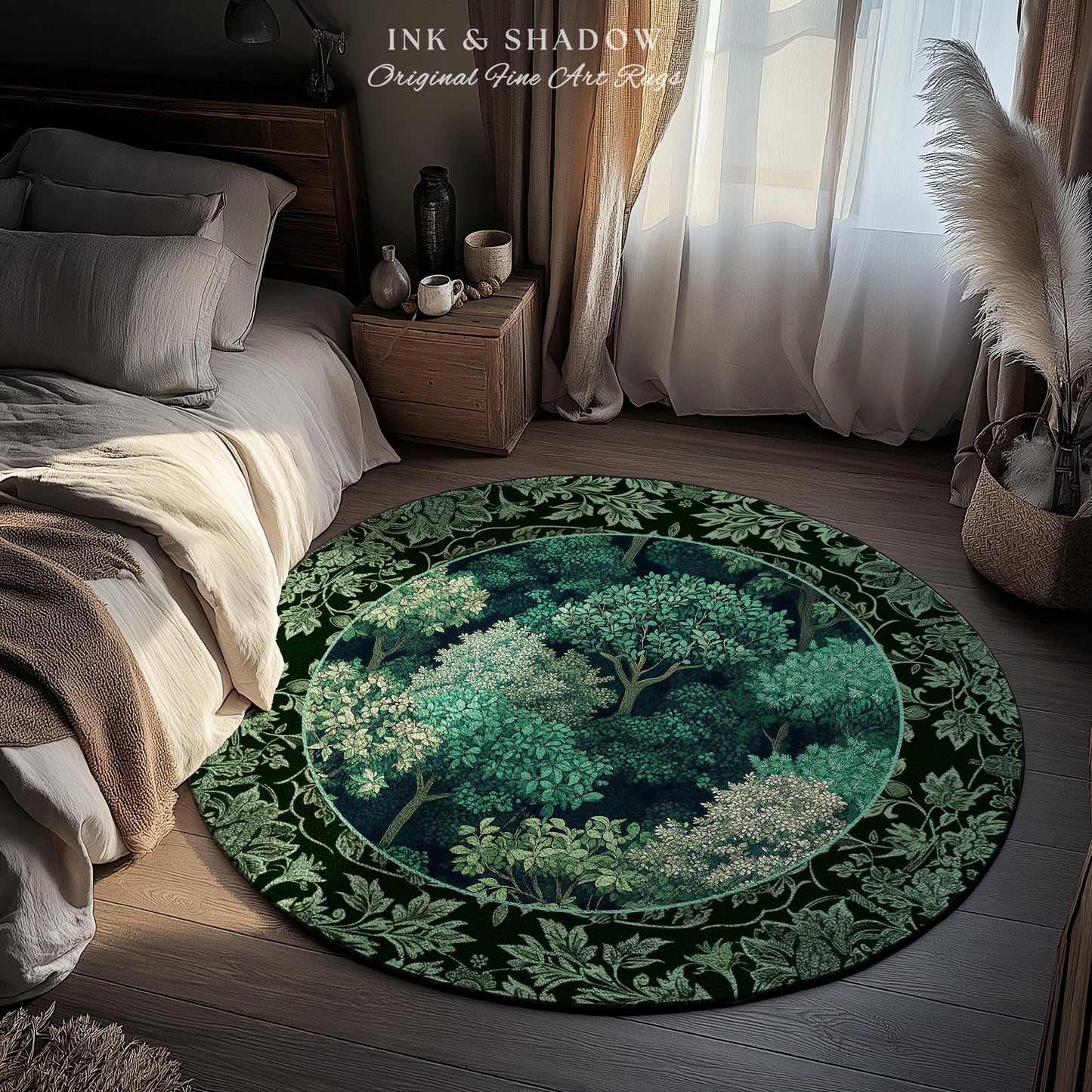 Verdant Greenery Botanical Round Area Rug | Woodland Magical Aesthetic Living Room Green Home Decor Plant Loving Bedroom Gift Emerald Teal |