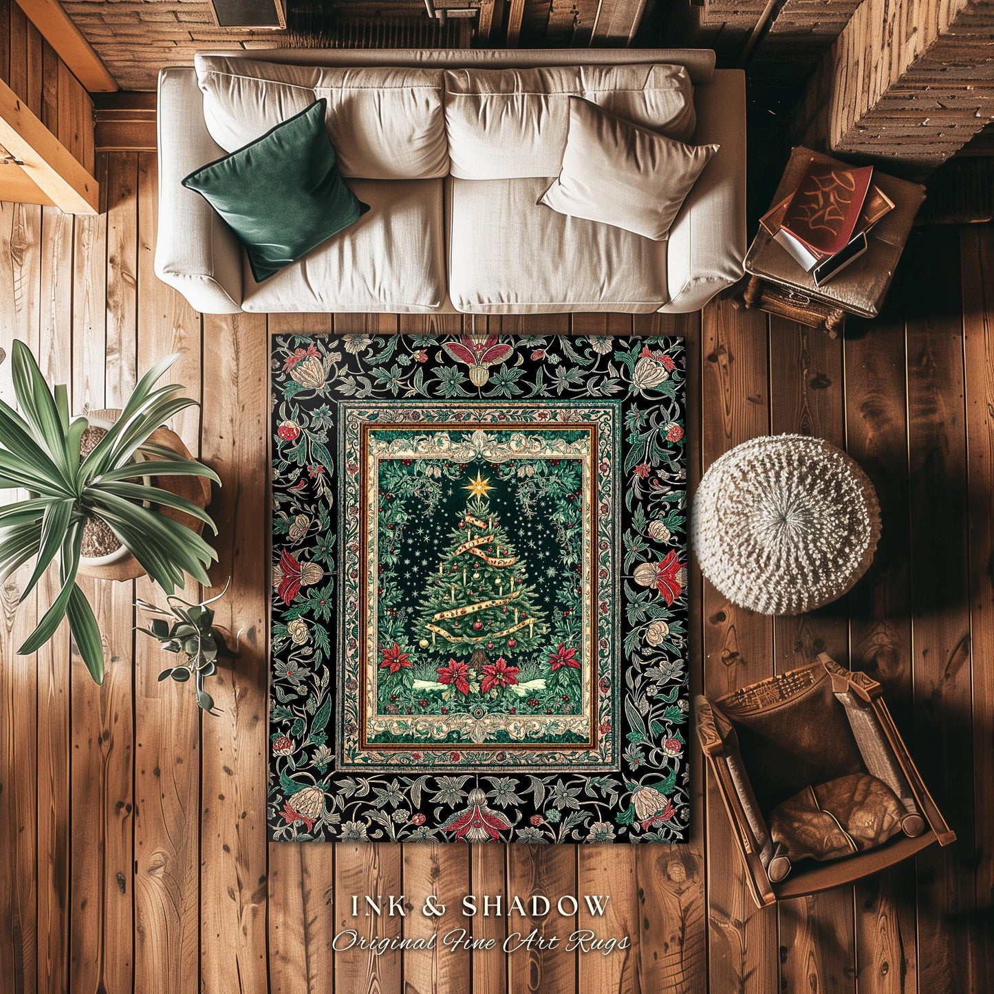 Rustic Festive Holiday Rug | Victorian Style Christmas Tree Floor Art Cozy Festive Decor Cottagecore Winter Floral Border Heirloom Accent