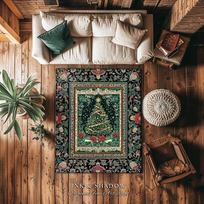 Rustic Festive Holiday Rug | Victorian Style Christmas Tree Floor Art Cozy Festive Decor Cottagecore Winter Floral Border Heirloom Accent