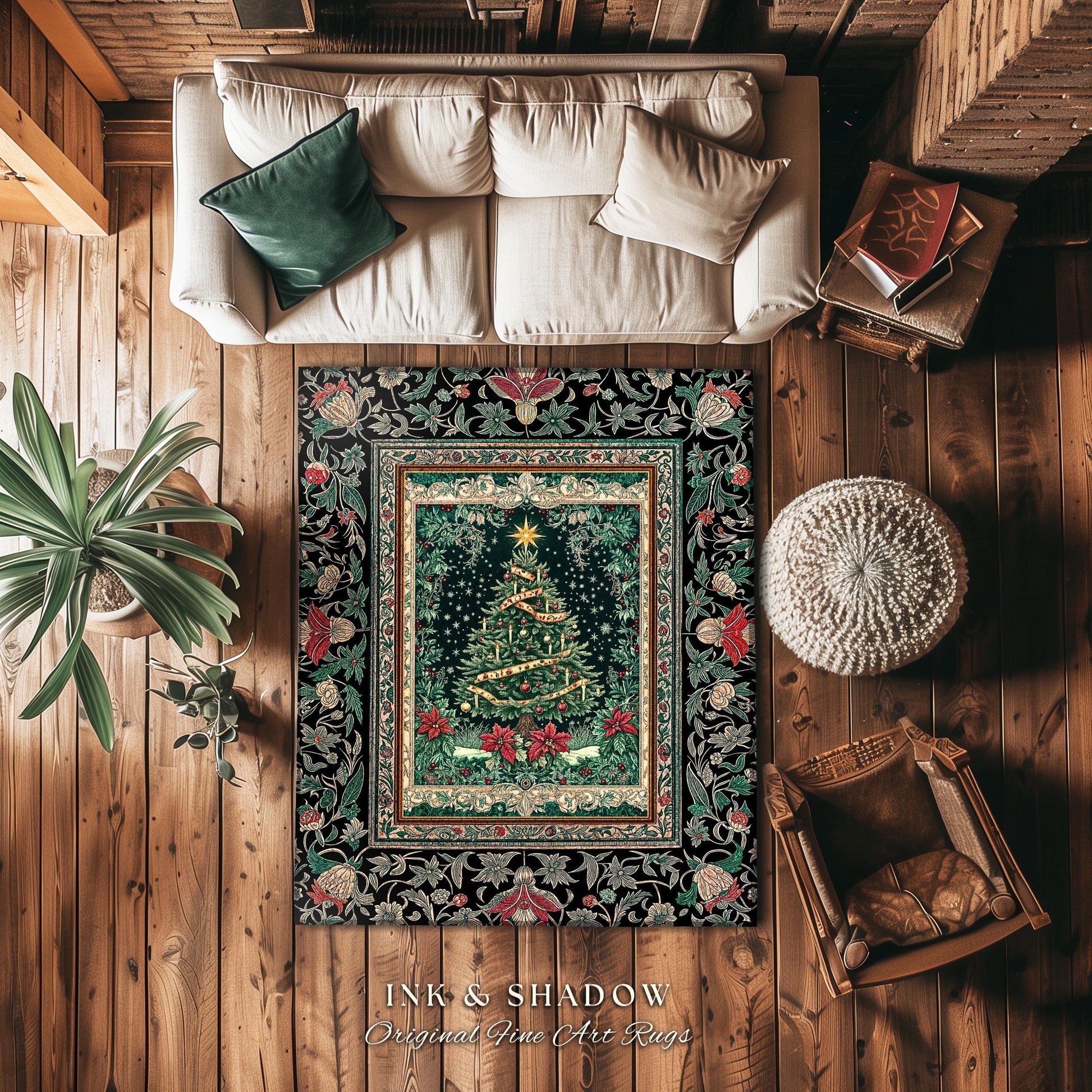 Rustic Festive Holiday Rug | Victorian Style Christmas Tree Floor Art Cozy Festive Decor Cottagecore Winter Floral Border Heirloom Accent