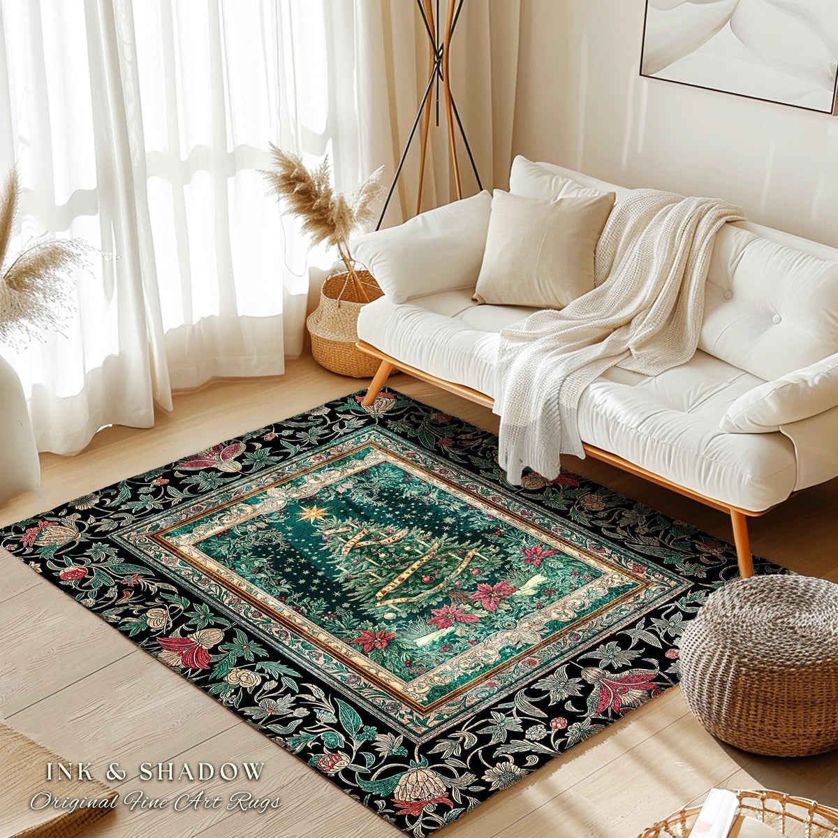 Rustic Festive Holiday Rug | Victorian Style Christmas Tree Floor Art Cozy Festive Decor Cottagecore Winter Floral Border Heirloom Accent