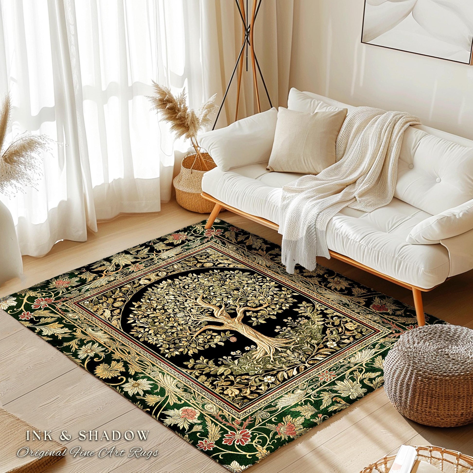 Tree of Life Fairytale Inspired Rug | Celestial Folk Art Decor Cottagecore Folklore Style Aesthetic Housewarming Gift Cozy Bedroom Accent