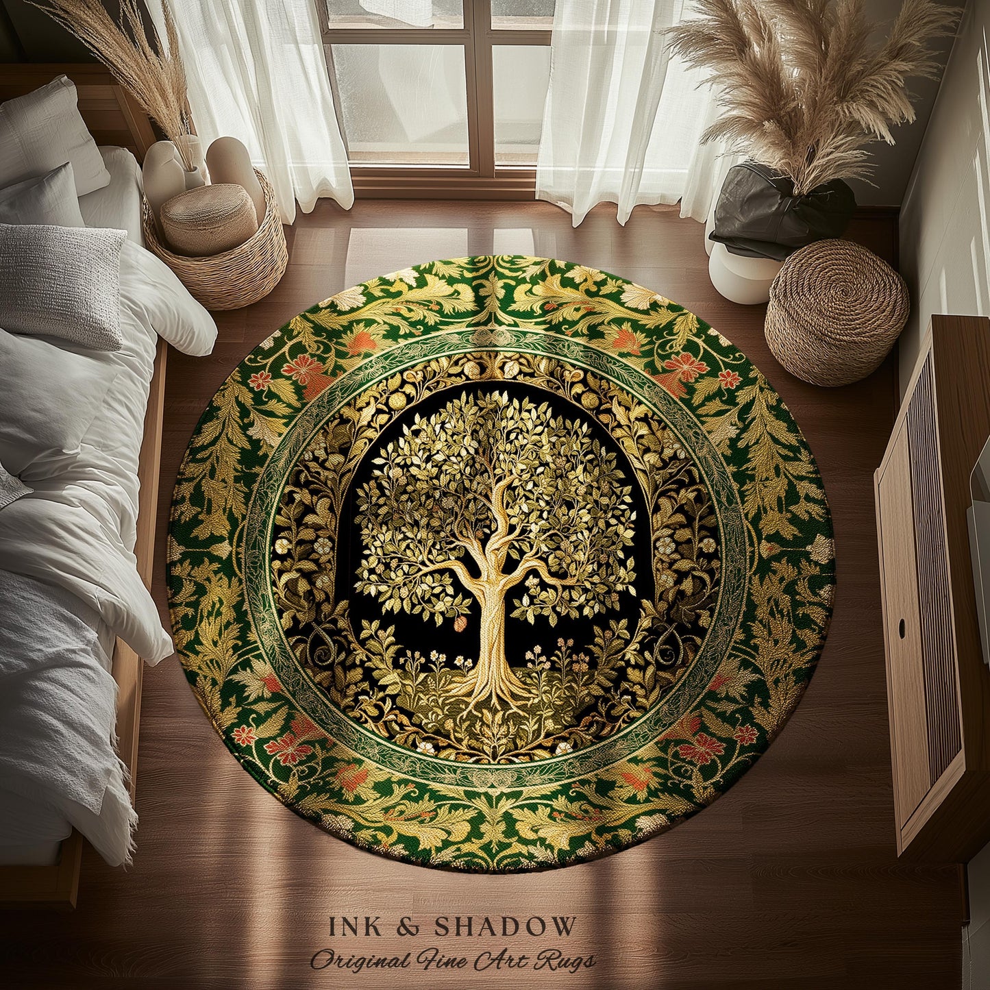 Tree of Life Fairytale Inspired Rug | Celestial Folk Art Decor Cottagecore Folklore Style Aesthetic Housewarming Gift Cozy Bedroom Accent