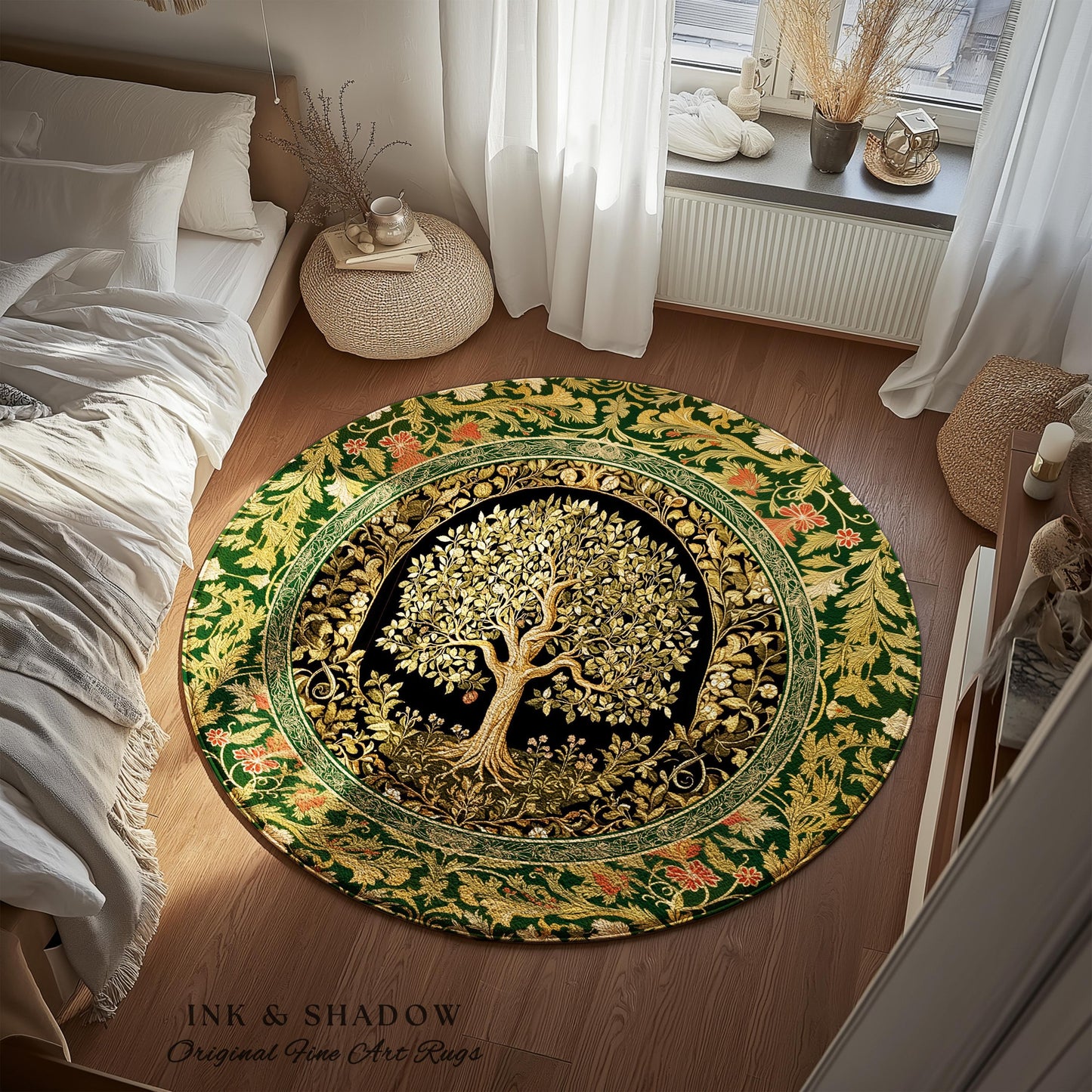 Tree of Life Fairytale Inspired Rug | Celestial Folk Art Decor Cottagecore Folklore Style Aesthetic Housewarming Gift Cozy Bedroom Accent