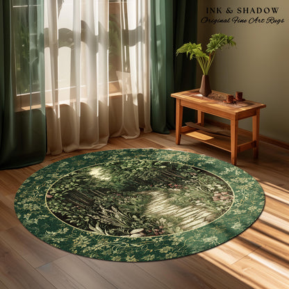Ethereal Woodland Meadow Rug | Dark Academia Folklore Fairy Core Aesthetic Accent Rug Magical Bedroom Emerald Green Home Decor Botanical |