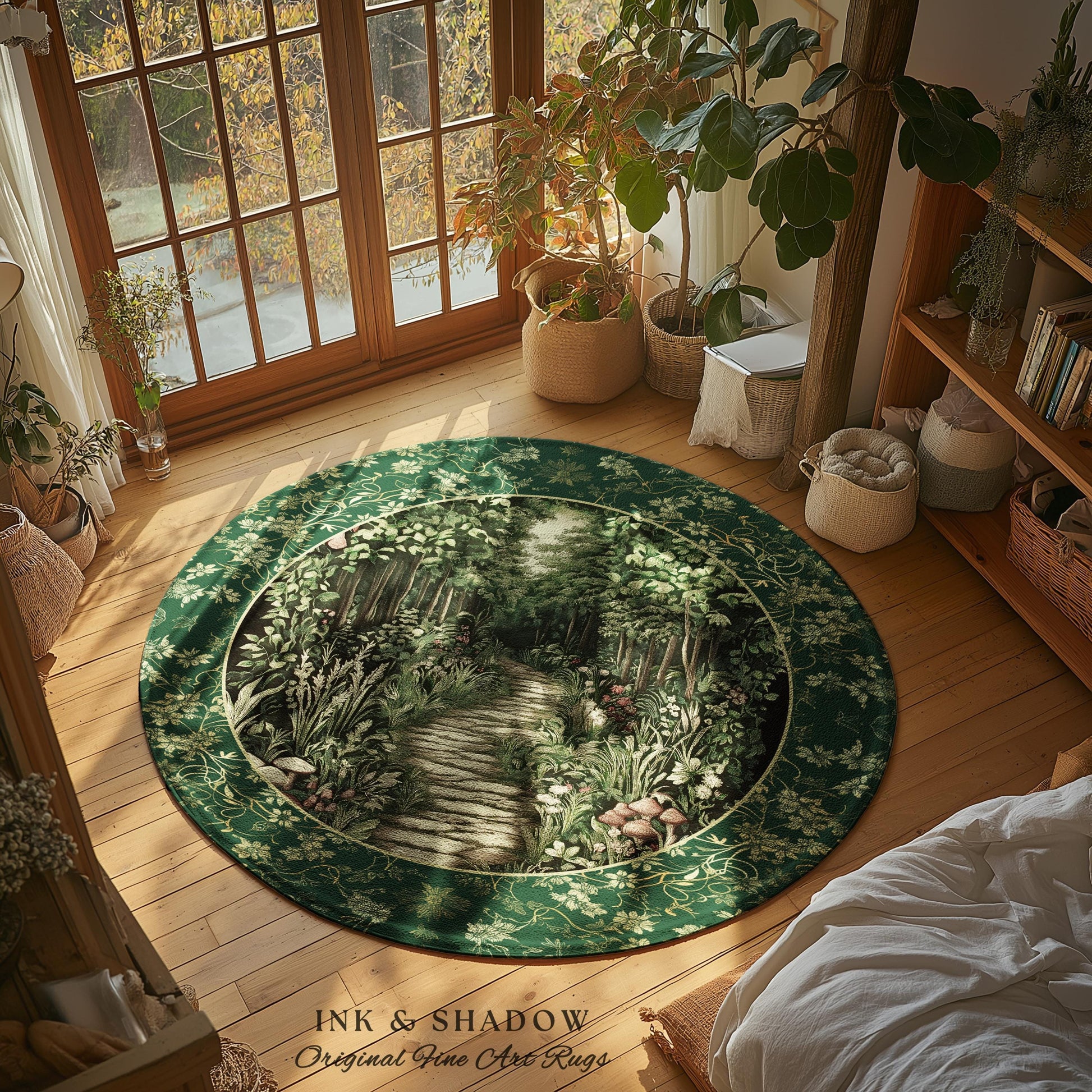 Ethereal Woodland Meadow Rug | Dark Academia Folklore Fairy Core Aesthetic Accent Rug Magical Bedroom Emerald Green Home Decor Botanical |