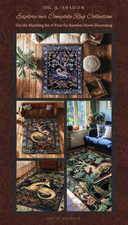 Baroque Victorian Gothic Woodland Dragon Runner Rug Floral Folklore Aesthetic | Dark Botanical Goblincore Antique Cottagecore Mythical Decor