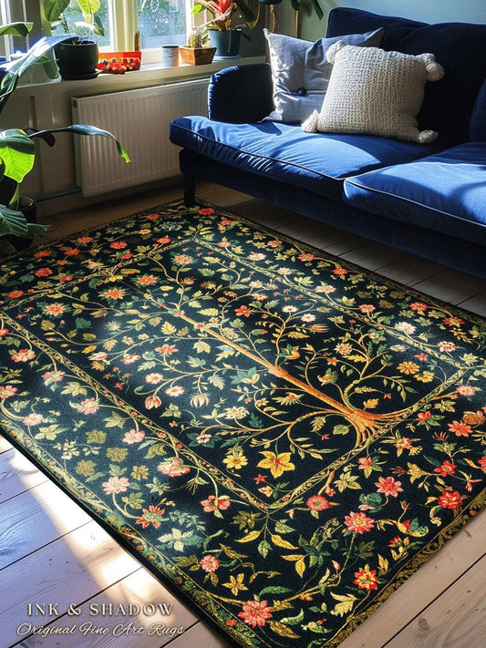 Whimsical Floral Folk Art Tree Rug, Enchanted Garden Aesthetic Rustic Cottagecore Decor Ethereal Home Accent Victorian Fairytale Living Room