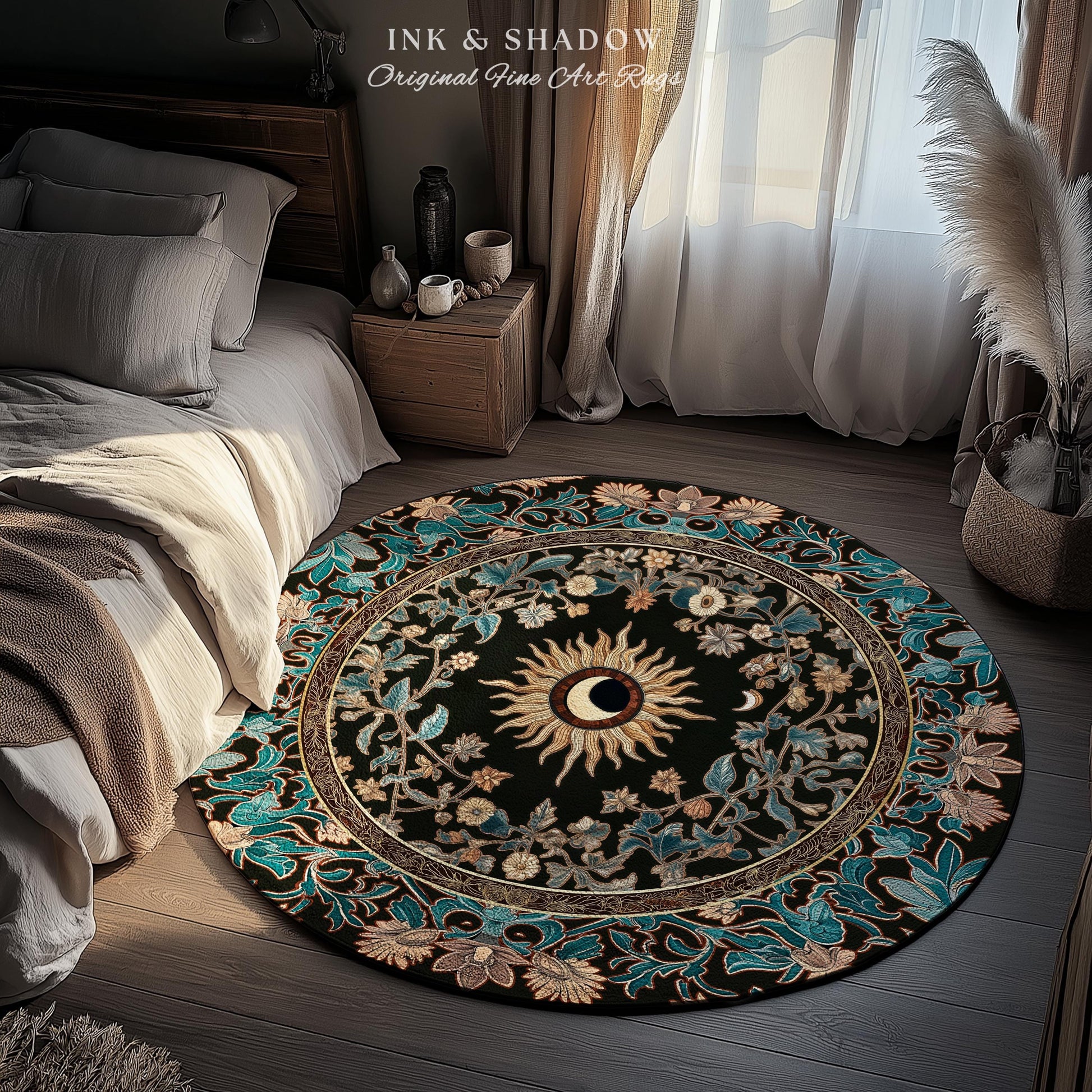 Mystic Moon Dark Academia Rug | Celestial Tarot Inspired Gothic Maximalist Bedroom Rug Whimsical Astrology Ethereal Witchy Home Decor