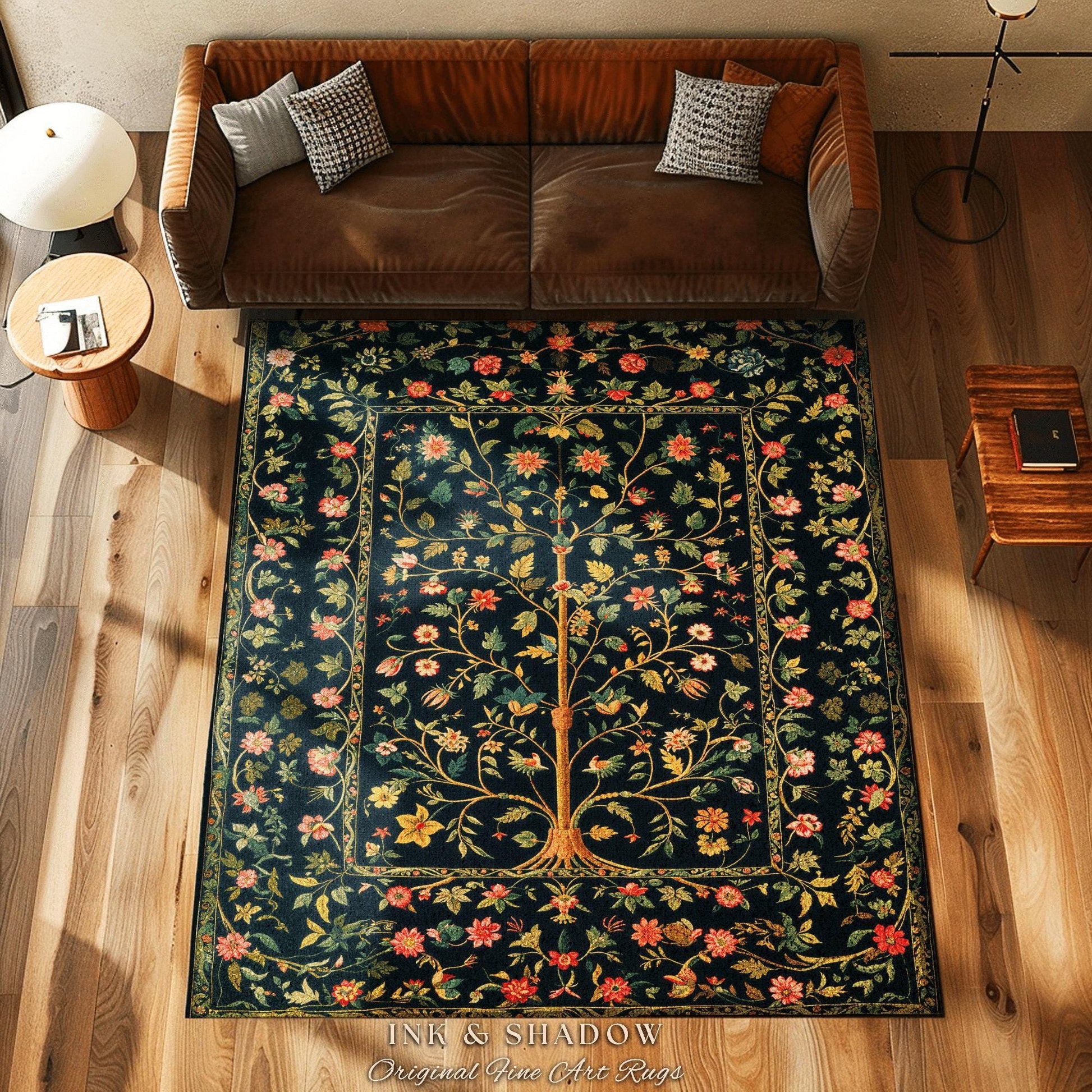 Whimsical Floral Folk Art Tree Rug, Enchanted Garden Aesthetic Rustic Cottagecore Decor Ethereal Home Accent Victorian Fairytale Living Room