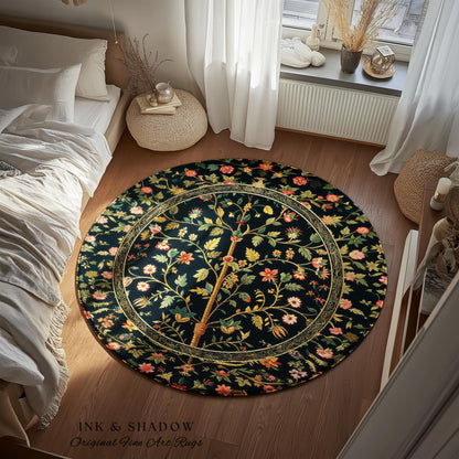 Whimsical Floral Folk Art Tree Rug, Enchanted Garden Aesthetic Rustic Cottagecore Decor Ethereal Home Accent Victorian Fairytale Living Room