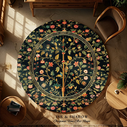 Whimsical Floral Folk Art Tree Rug, Enchanted Garden Aesthetic Rustic Cottagecore Decor Ethereal Home Accent Victorian Fairytale Living Room