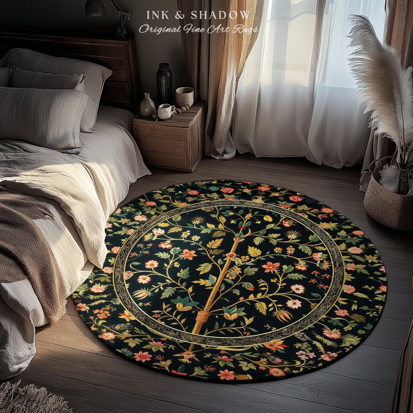 Whimsical Floral Folk Art Tree Rug, Enchanted Garden Aesthetic Rustic Cottagecore Decor Ethereal Home Accent Victorian Fairytale Living Room