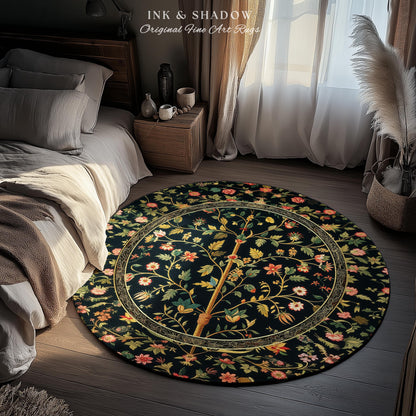Whimsical Floral Folk Art Tree Rug, Enchanted Garden Aesthetic Rustic Cottagecore Decor Ethereal Home Accent Victorian Fairytale Living Room
