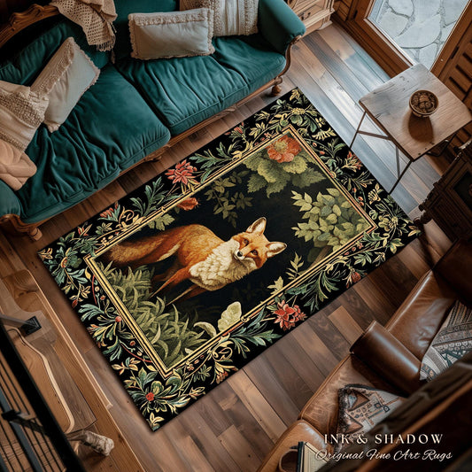 Woodland Fox Botanical Rug | Ornate Room Decor William Morris Inspired Forest Rug Fairycore Boho Bedroom Rug Ethereal Decoration Cottagecore