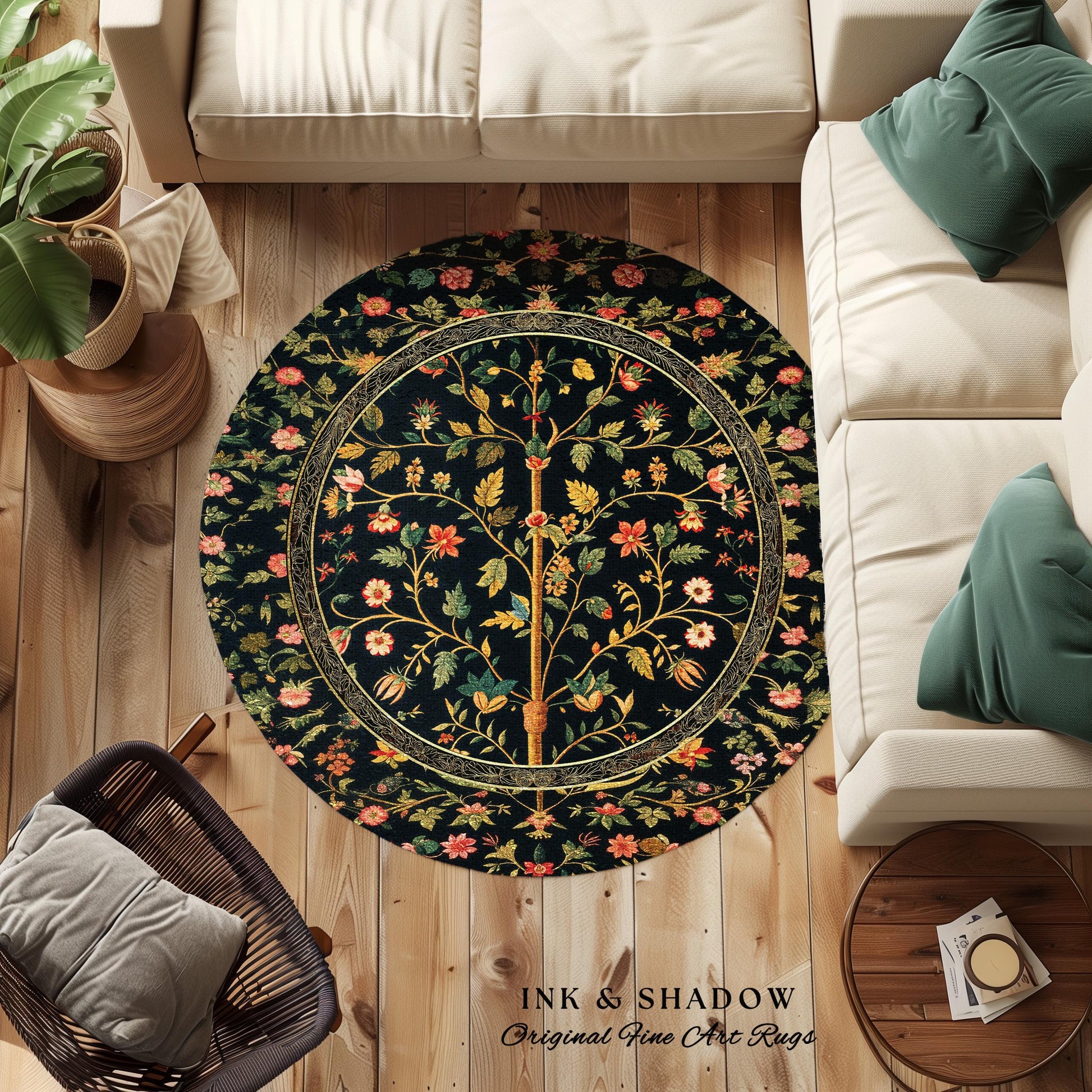 Whimsical Floral Folk Art Tree Rug, Enchanted Garden Aesthetic Rustic Cottagecore Decor Ethereal Home Accent Victorian Fairytale Living Room