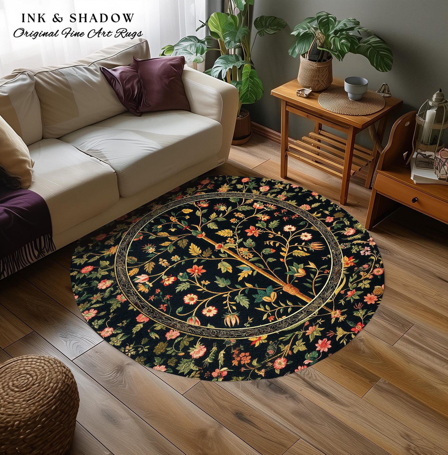 Whimsical Floral Folk Art Tree Rug, Enchanted Garden Aesthetic Rustic Cottagecore Decor Ethereal Home Accent Victorian Fairytale Living Room
