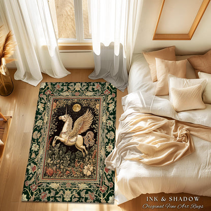 Baroque Flying Unicorn Area Rug | Enchanted Forest Pegasus Fairytale Decor Castle Aesthetic Maximalist Regal Bedroom Fantasy Gothic Style |