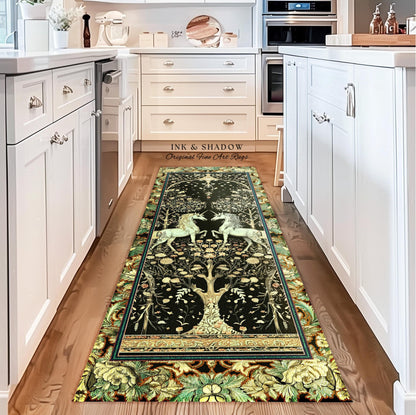 May include: A dark green and gold runner rug featuring a tapestry-style design of two unicorns flanking a tree of life. The rug has a detailed border with floral and leaf motifs.  The text 'INK & SHADOW Original Fine Art Rugs' is visible on the rug. The rug is displayed in a kitchen setting on a hardwood floor.