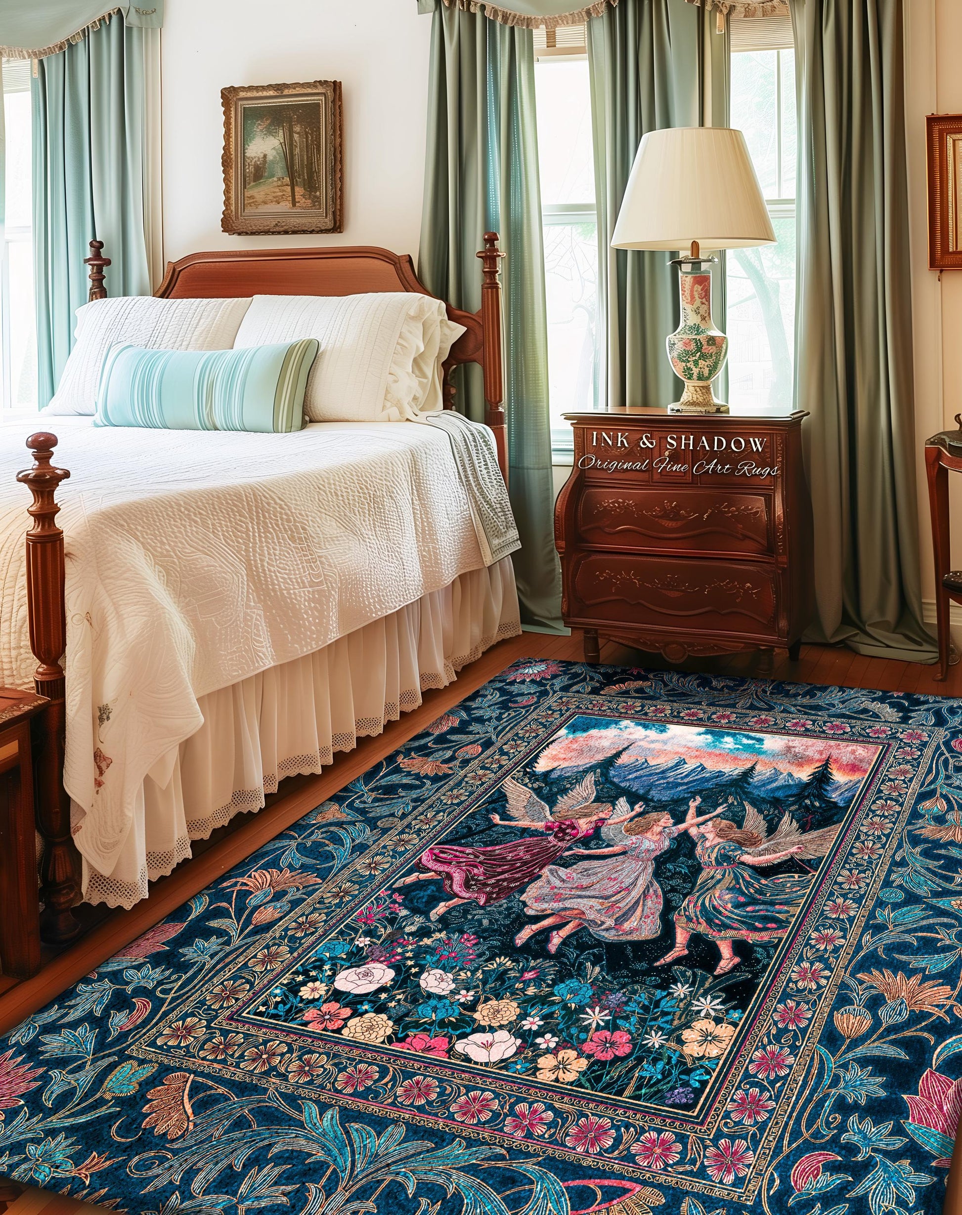 May include: A rectangular area rug with a dark blue background and a floral border. The rug features a central image of three figures with wings dancing in a meadow. The rug has the text "INK & SHADOW Original Fine Art Rugs".