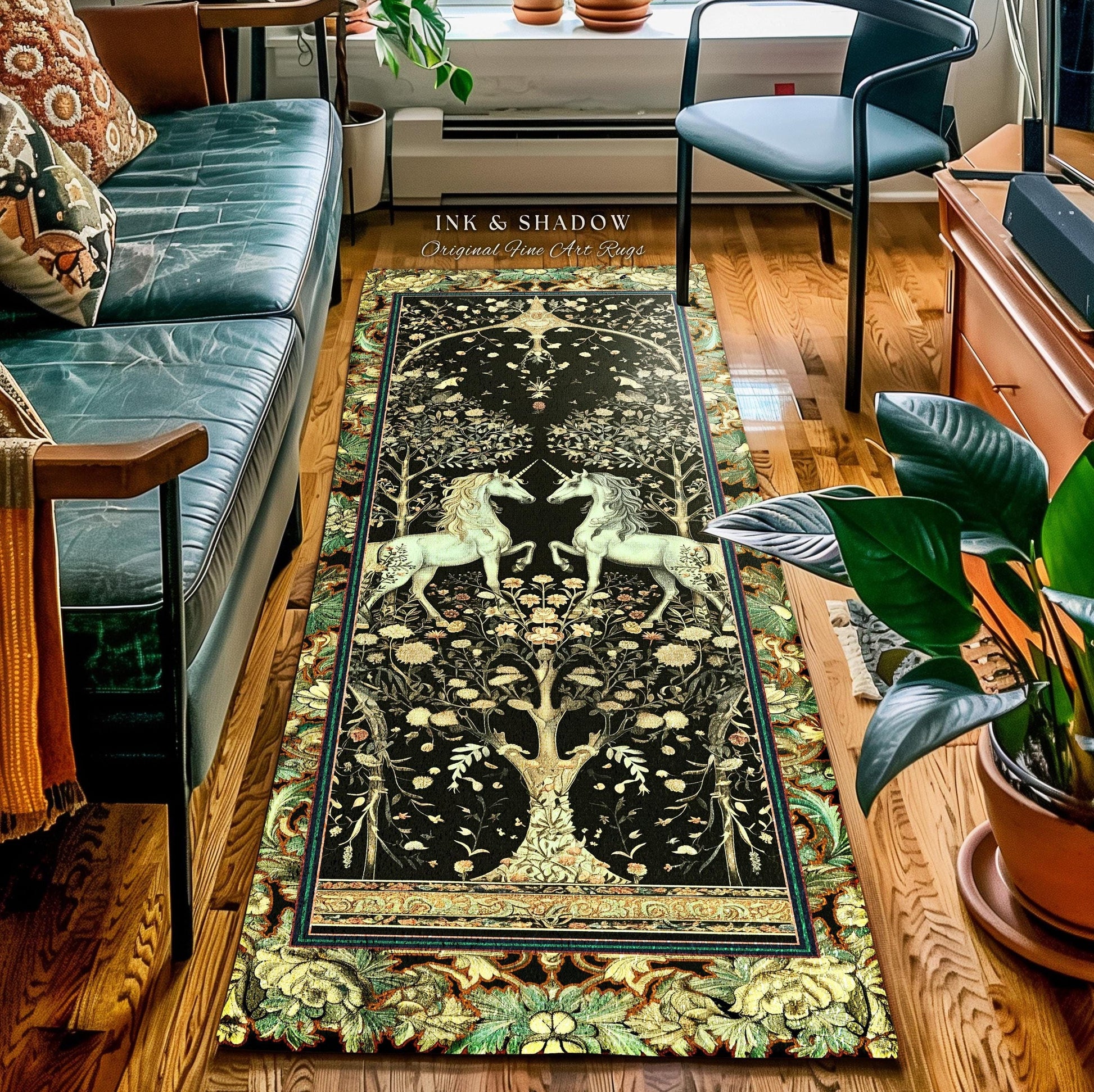 May include: A dark-green, black, and gold tapestry-style rug features two unicorns flanking a tree of life motif.  The rug has a long, rectangular shape suitable for a hallway or entryway.  The text 'INK & SHADOW Original Fine Art Rugs' is visible. The design is intricate and detailed, with floral elements and a medieval aesthetic. The rug's border is a rich gold and green, contrasting with the darker center.  The overall style is elegant and whimsical.