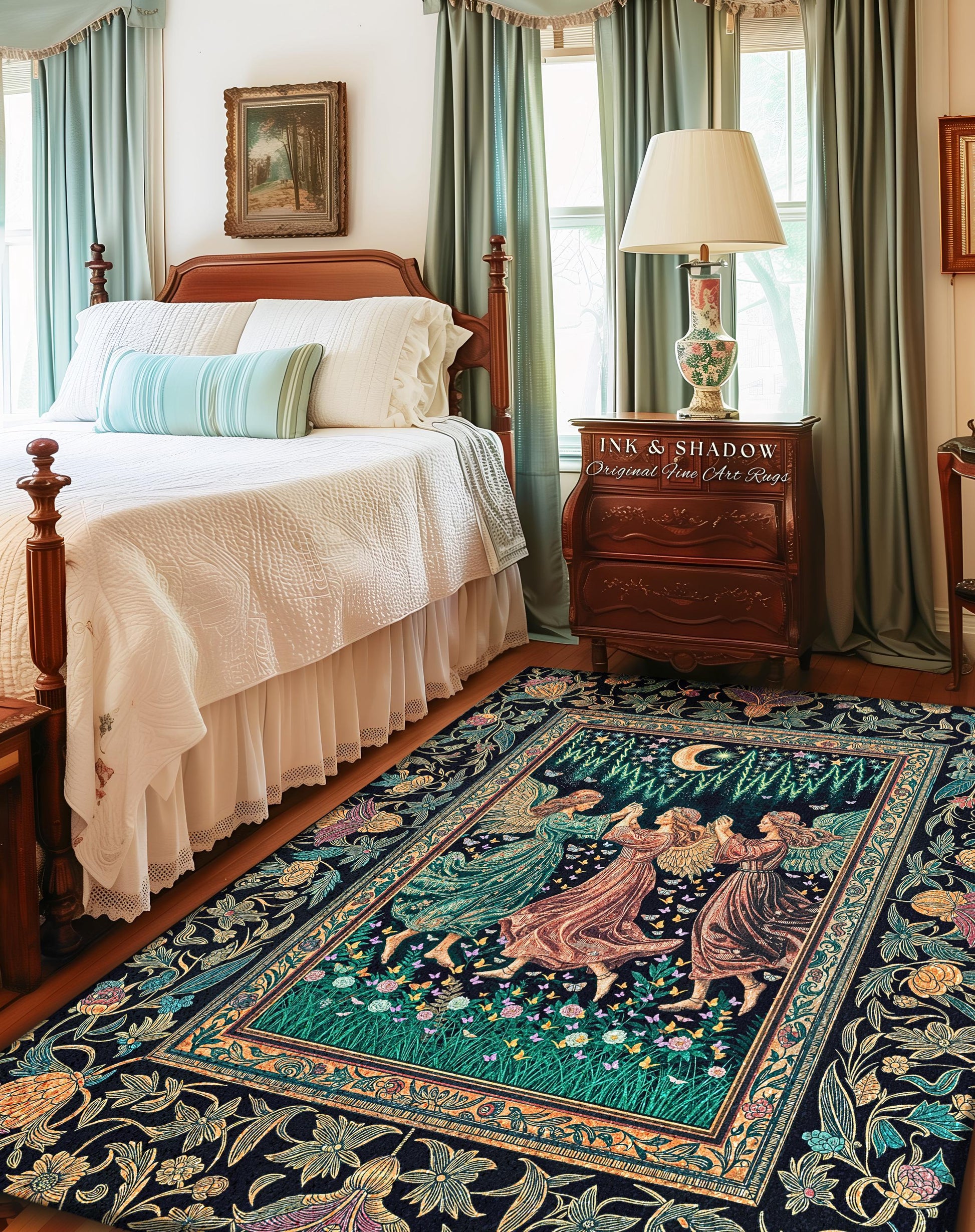May include: A rectangular area rug with a dark blue background and a floral border. The rug features a central design of three figures dancing under a crescent moon. The rug is placed in a bedroom with a bed and a wooden nightstand.
