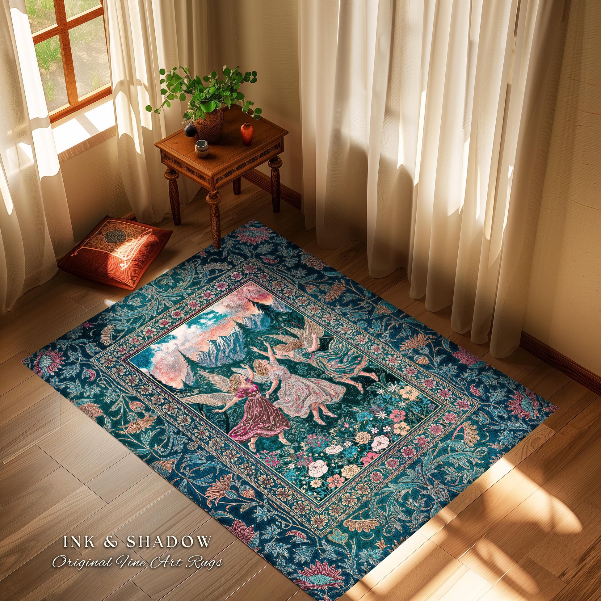 Playful Woodland Fairies Accent Rug | Dreamy Enchanted Fairytale Fairycore Medieval Bedroom Decor Cottagecore Whimsical Folklore Vibe Cozy