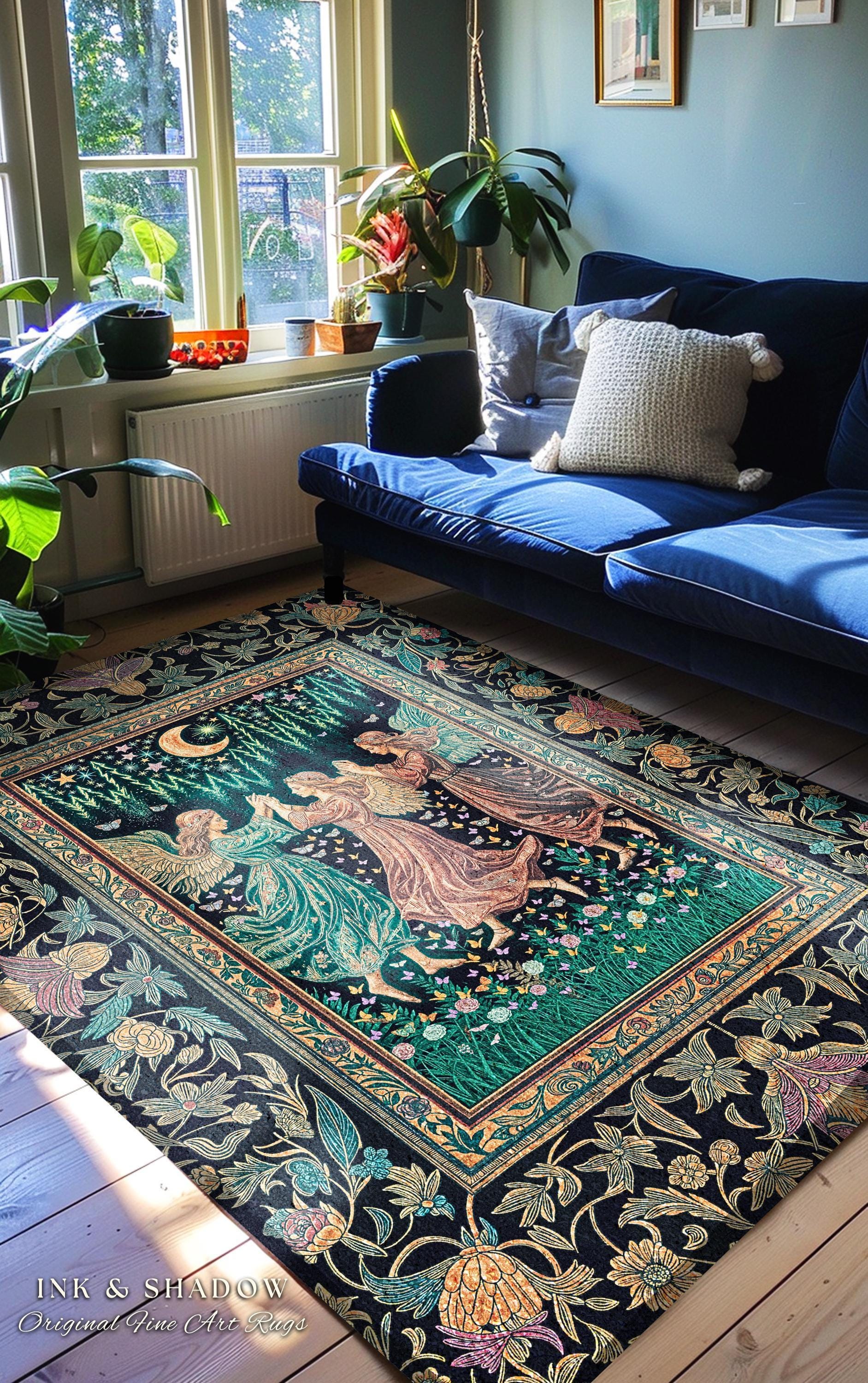 Moonlit Midsummer Night Angel Area Rug | Ethereal Folklore Fairy Decor Cottagecore Medieval Dreamy Bedroom Accent Fairycore Dark Academia |