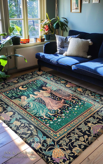 Moonlit Midsummer Night Angel Area Rug | Ethereal Folklore Fairy Decor Cottagecore Medieval Dreamy Bedroom Accent Fairycore Dark Academia |