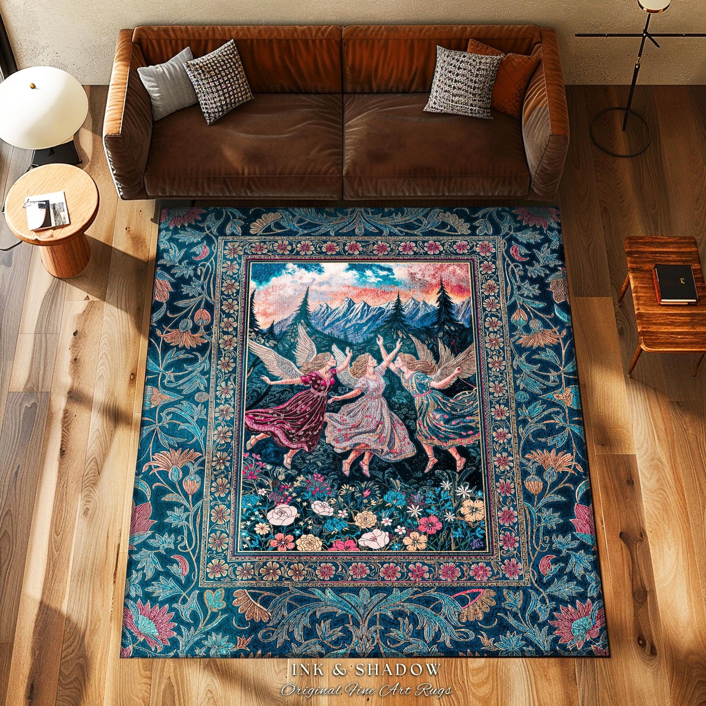 Playful Woodland Fairies Accent Rug | Dreamy Enchanted Fairytale Fairycore Medieval Bedroom Decor Cottagecore Whimsical Folklore Vibe Cozy