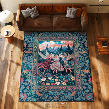 Playful Woodland Fairies Accent Rug | Dreamy Enchanted Fairytale Fairycore Medieval Bedroom Decor Cottagecore Whimsical Folklore Vibe Cozy