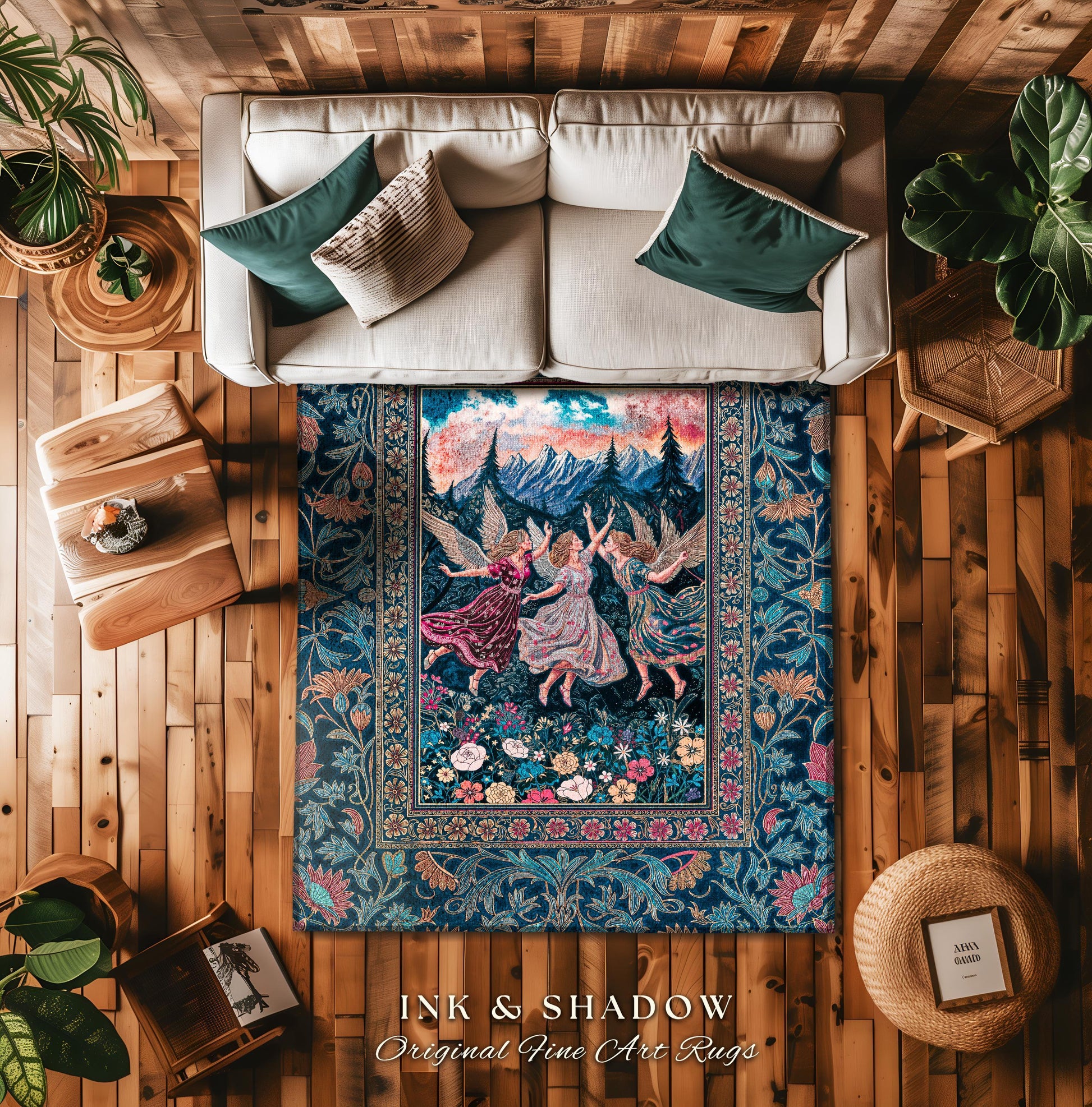Playful Woodland Fairies Accent Rug | Dreamy Enchanted Fairytale Fairycore Medieval Bedroom Decor Cottagecore Whimsical Folklore Vibe Cozy