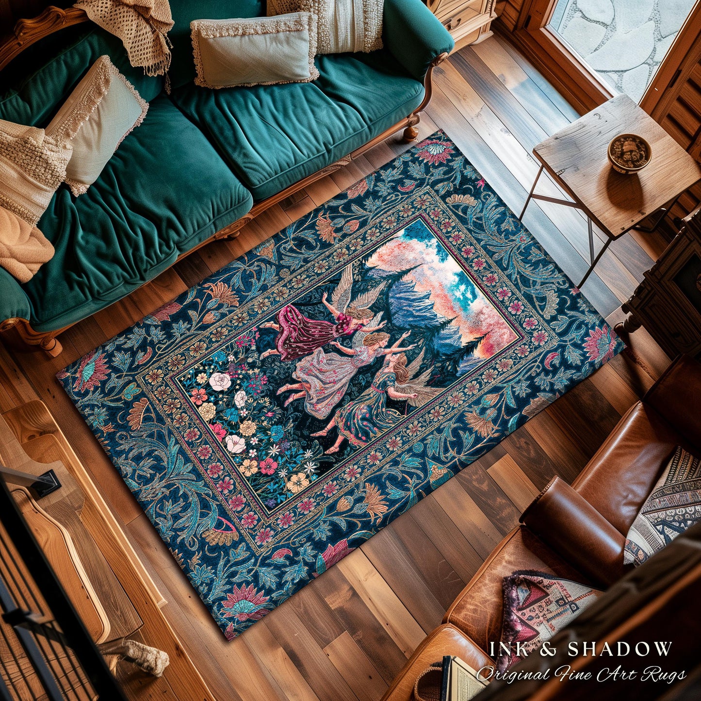 Playful Woodland Fairies Accent Rug | Dreamy Enchanted Fairytale Fairycore Medieval Bedroom Decor Cottagecore Whimsical Folklore Vibe Cozy