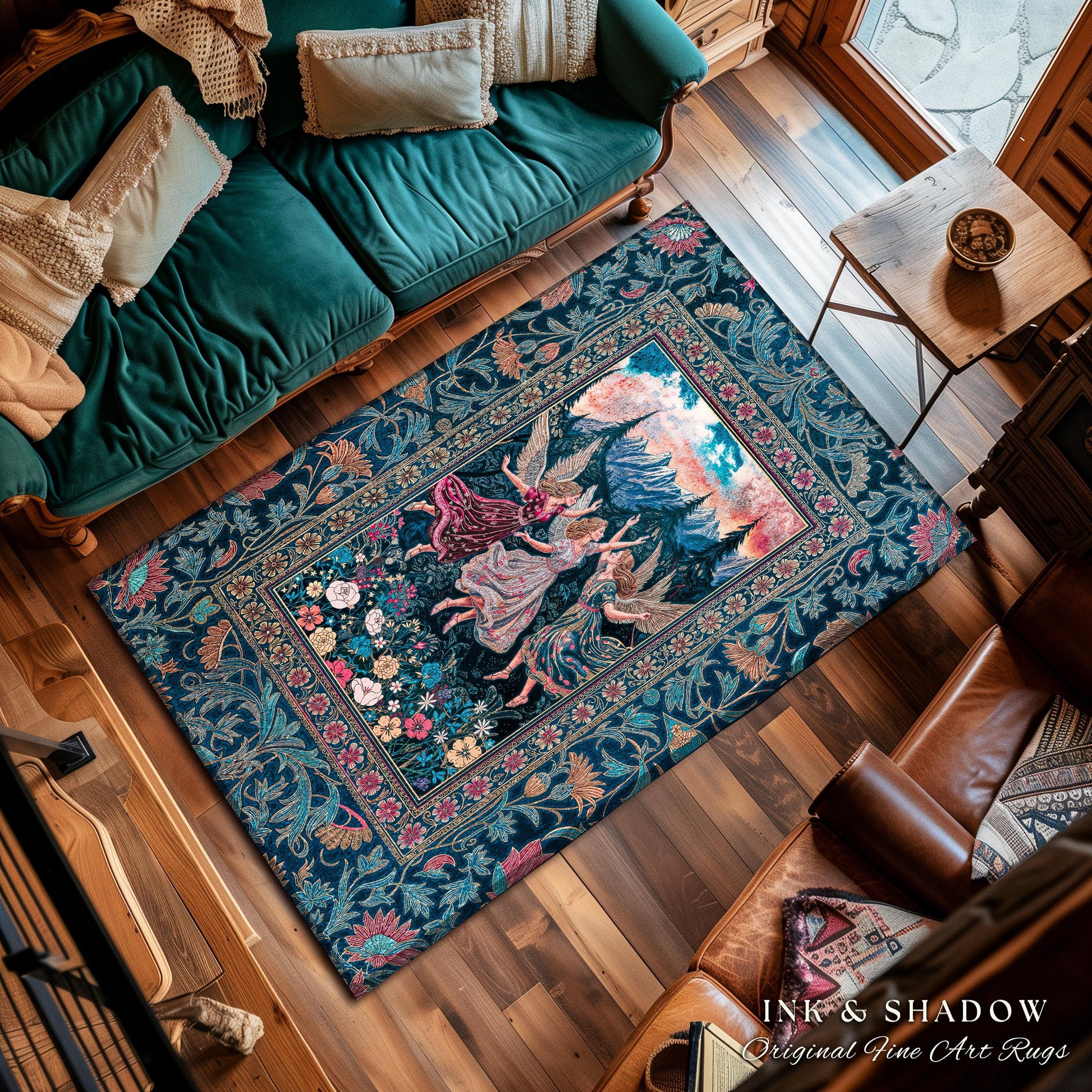 Playful Woodland Fairies Accent Rug | Dreamy Enchanted Fairytale Fairycore Medieval Bedroom Decor Cottagecore Whimsical Folklore Vibe Cozy