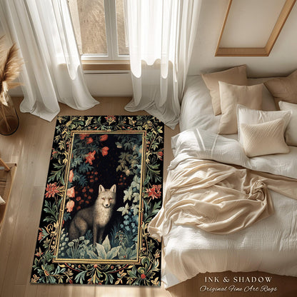 Woodland Gothic Fox Forestcore Rug Dark Botanical Cottagegoth Room Decor | Vintage Aesthetic Mystical Forest Fox Rug Floral Fairycore Decor