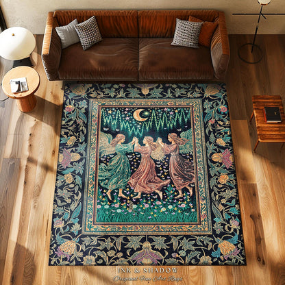 Moonlit Midsummer Night Angel Area Rug | Ethereal Folklore Fairy Decor Cottagecore Medieval Dreamy Bedroom Accent Fairycore Dark Academia |