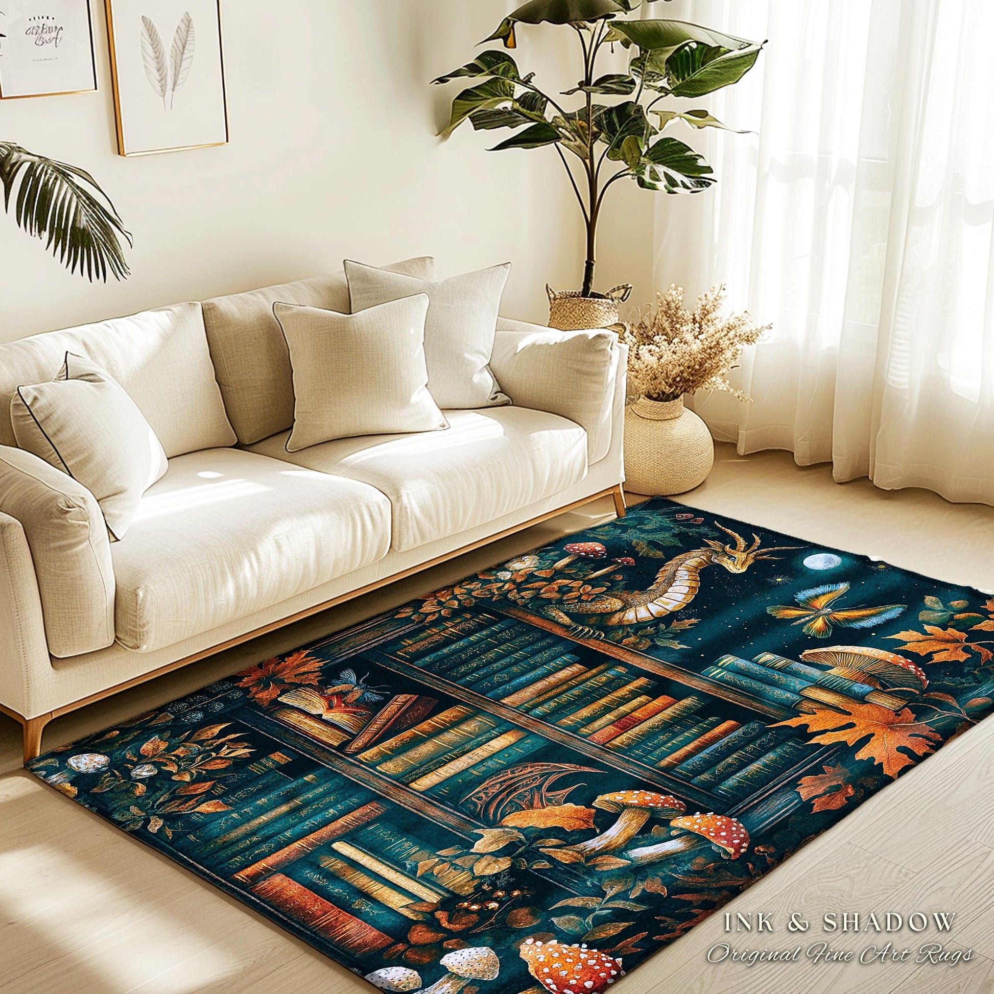 Midnight Magic Literary Dragon Rug Mystic Moon Bookish Home | Whimsigothic Enchanted Academia Art Bookshelf Book Lovers Folklore Fairytale