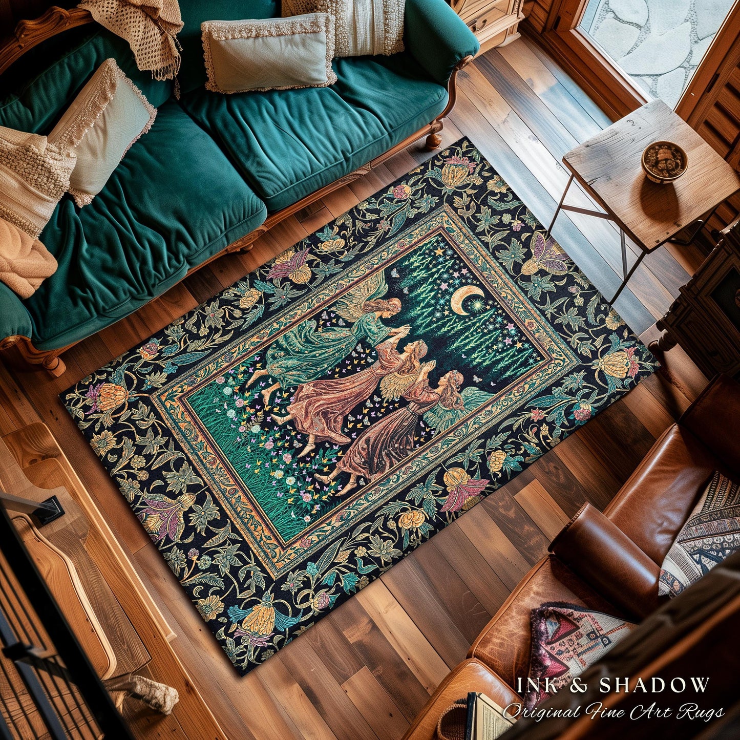 Moonlit Midsummer Night Angel Area Rug | Ethereal Folklore Fairy Decor Cottagecore Medieval Dreamy Bedroom Accent Fairycore Dark Academia |