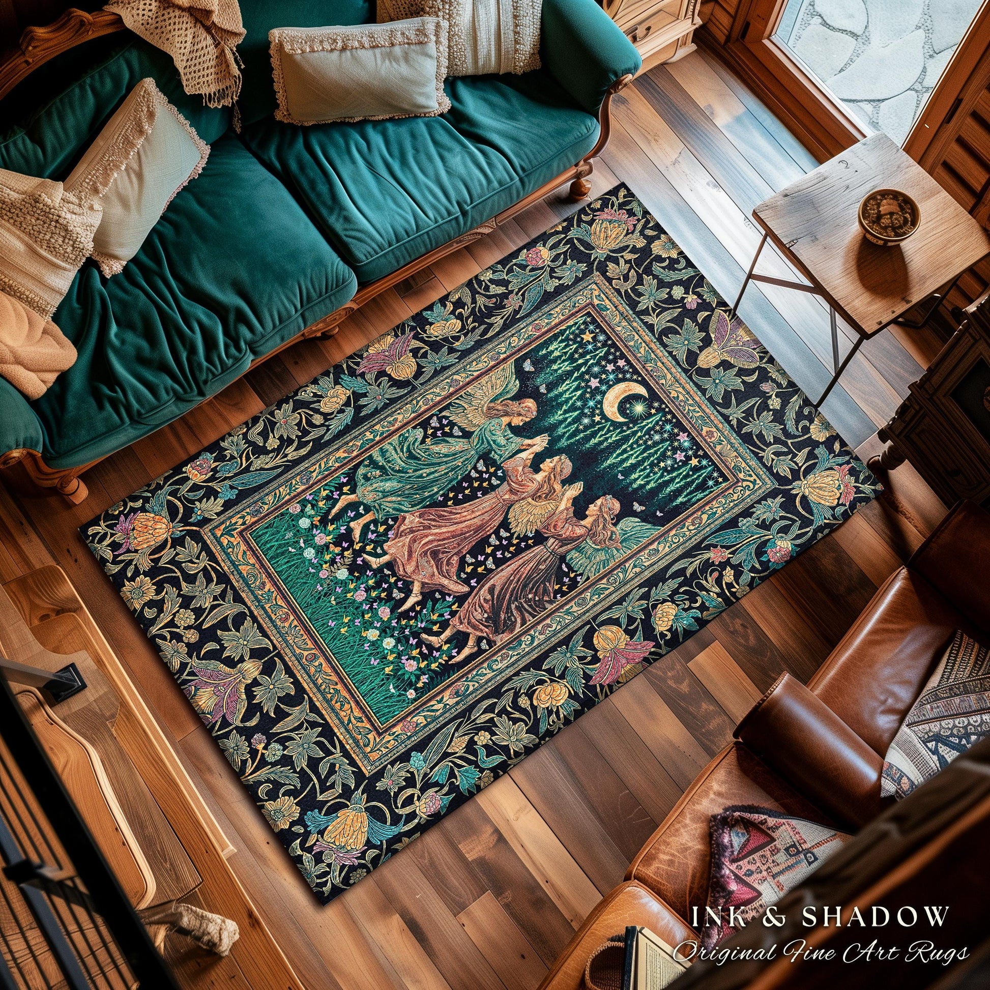 Moonlit Midsummer Night Angel Area Rug | Ethereal Folklore Fairy Decor Cottagecore Medieval Dreamy Bedroom Accent Fairycore Dark Academia |