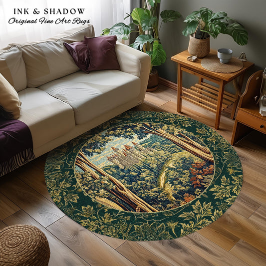 Fairytale Aesthetic Castle Round Rug | Fairycore Large Area Rug Folklore Inspired Magical Woodland Bedroom Decor Whimsigothic Mat Ethereal |