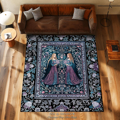Witchy Sisters Arcane Forest Area Rug | Celestial Witchcraft Baroque Folklore Bedroom Accent Fairytale Gothic Storybook Aesthetic Moody Goth