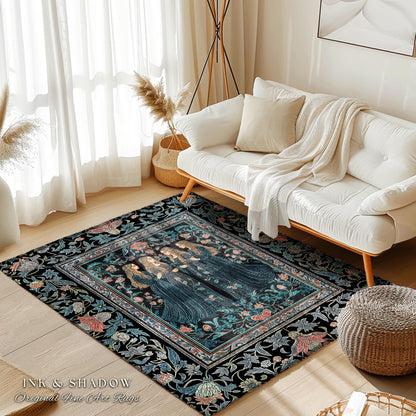 Elegant Medieval Storybook Area Rug | Ornate Botanical Enchantment Dark Gothic Romance Folk Art Renaissance Magic Aesthetic Bedroom Witchy |