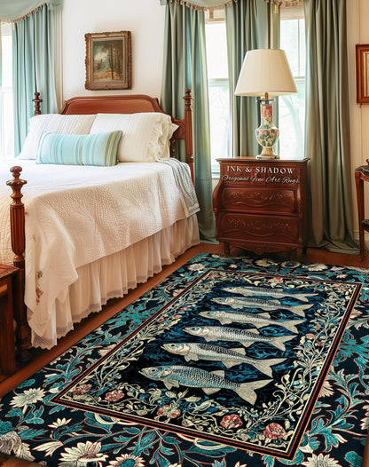 Bohemian Whimsy Sardine Area Rug | Coastal Ocean Academia Decor Fairy Grunge Cottagecore Sealife Marine Rustic Fish Beach House Accent Boho