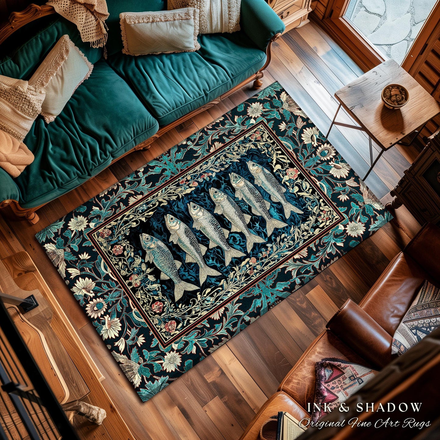 Bohemian Whimsy Sardine Area Rug | Coastal Ocean Academia Decor Fairy Grunge Cottagecore Sealife Marine Rustic Fish Beach House Accent Boho