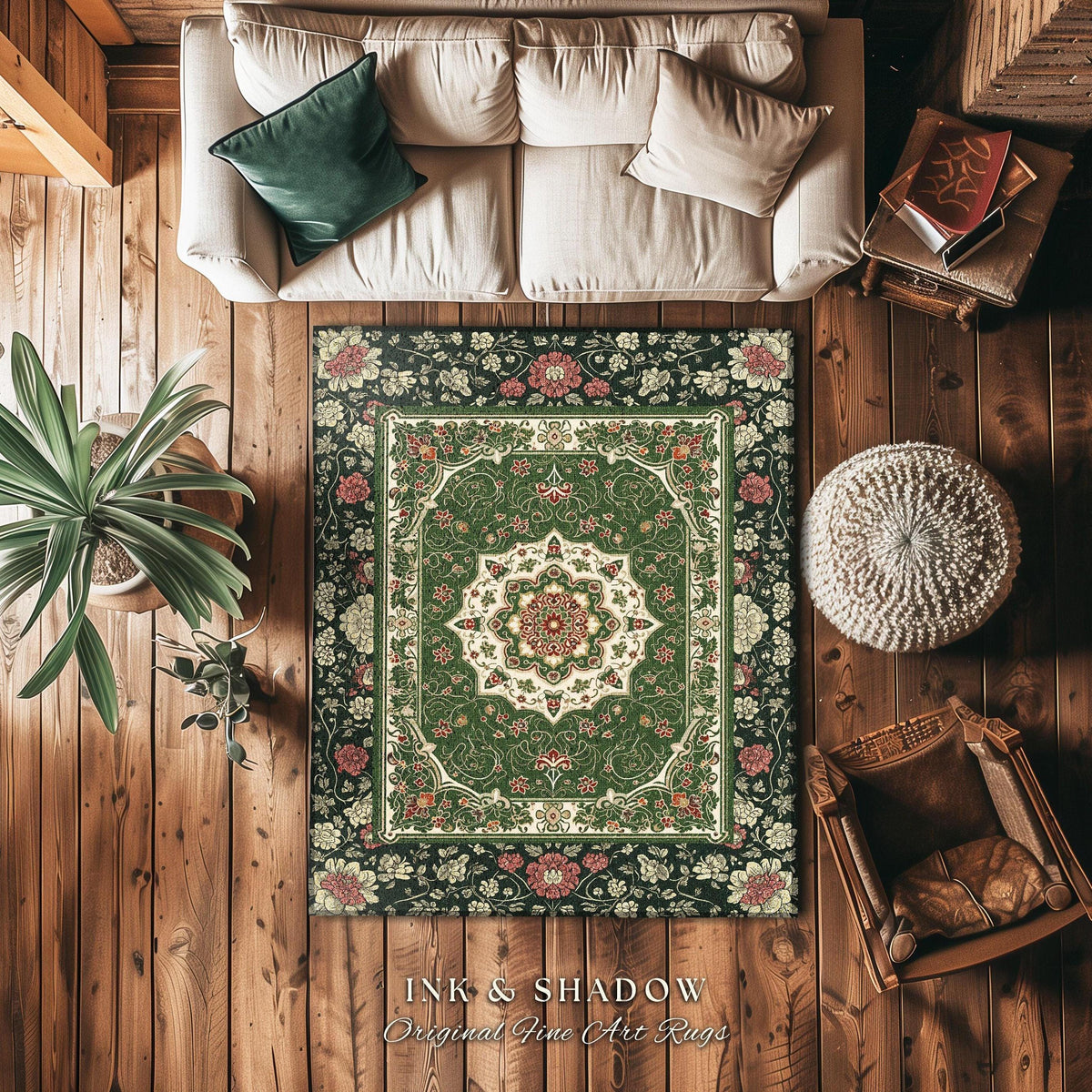 Jade Green Statement Rug | Classic Ornate Victorian Rug with Green Detail Peachy Accent Bohemian Aesthetic for Cozy Reading Nook Boho Design
