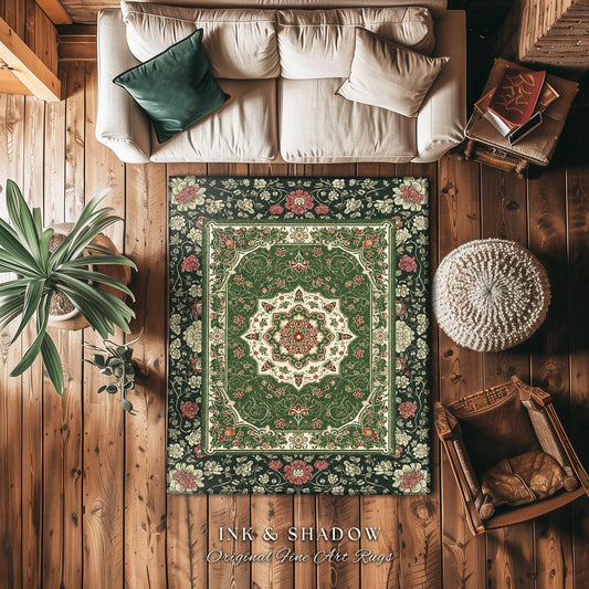 Jade Green Statement Rug | Classic Ornate Victorian Rug with Green Detail Peachy Accent Bohemian Aesthetic for Cozy Reading Nook Boho Design